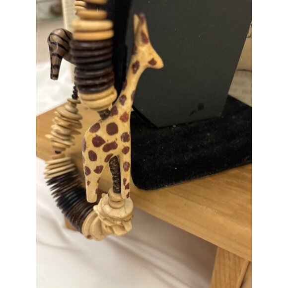 Handmade Wooden Beaded Necklace With Carved Giraffe & Zebra Pendants - Picture 7 of 15